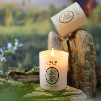 Candle labeled 'Flower Garden' with a natural background