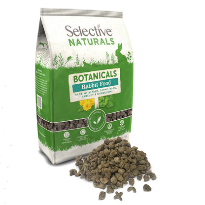 Bag of Selective Naturals Botanicals Rabbit Food with rabbit food pellets on a white background