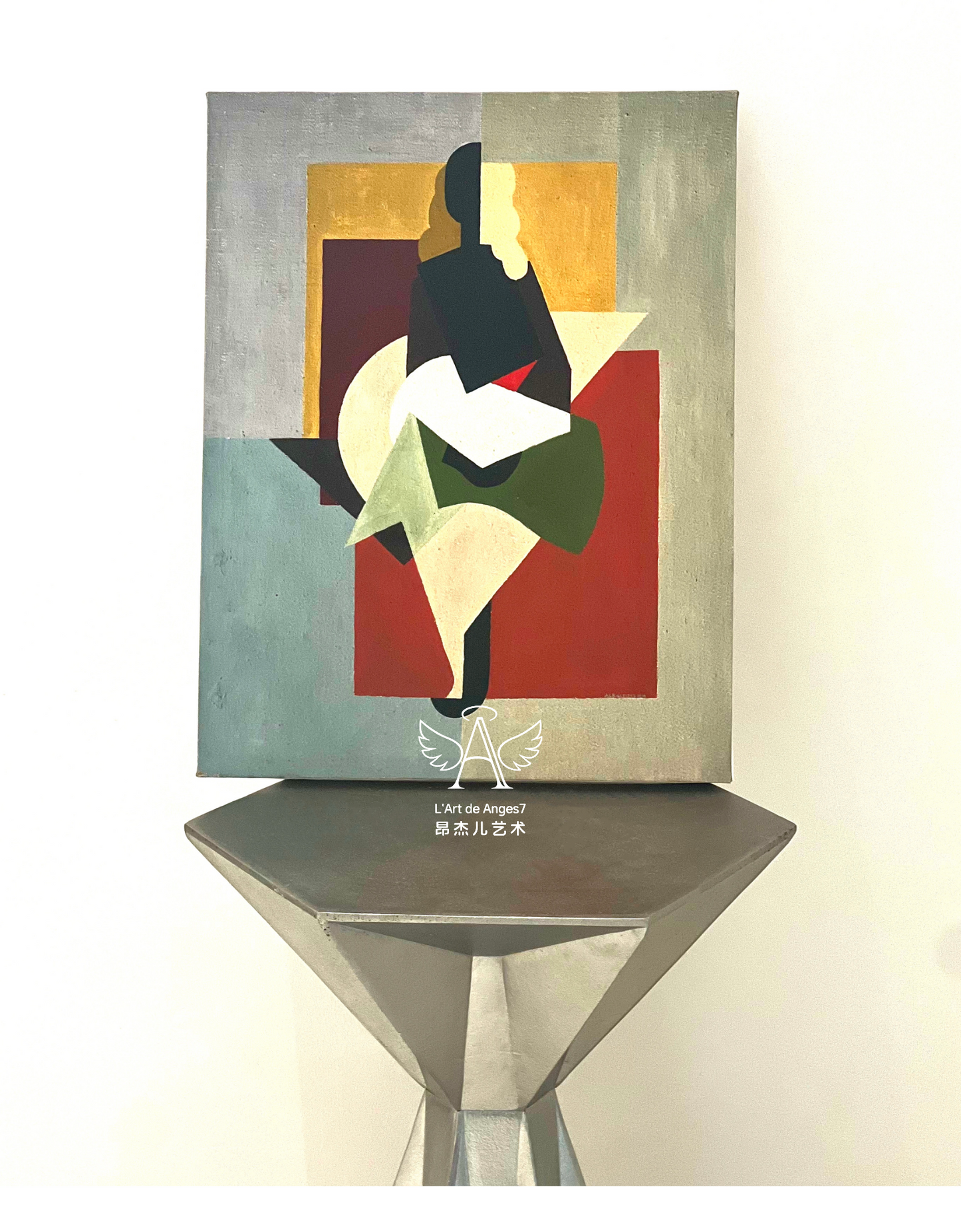 Abstract art piece on a stand with a neutral background
