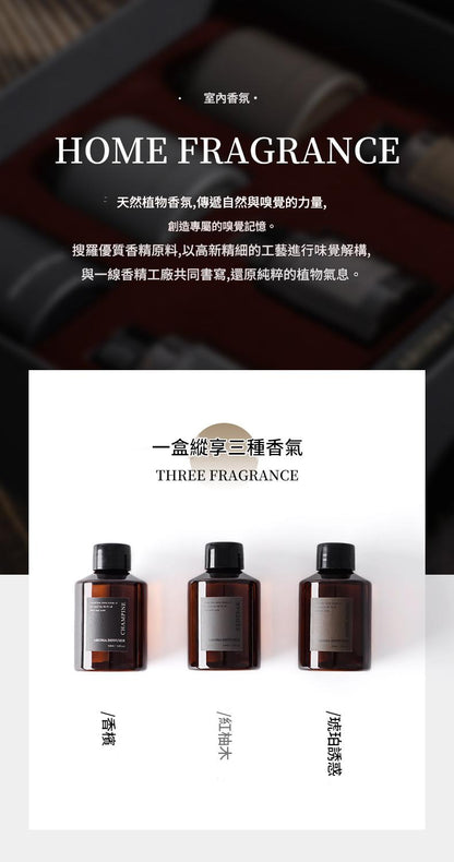 Three bottles of home fragrance with labels on a white background, featuring text about home fragrance.
