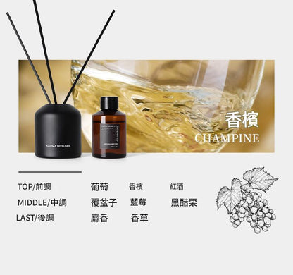 Aromatherapy diffuser set with bottle labeled 'Champine' on a white background.