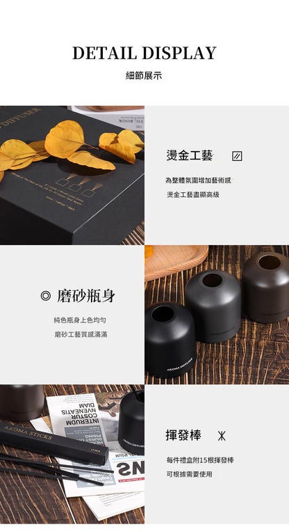 Product detail display with black containers and yellow leaves on a wooden surface.