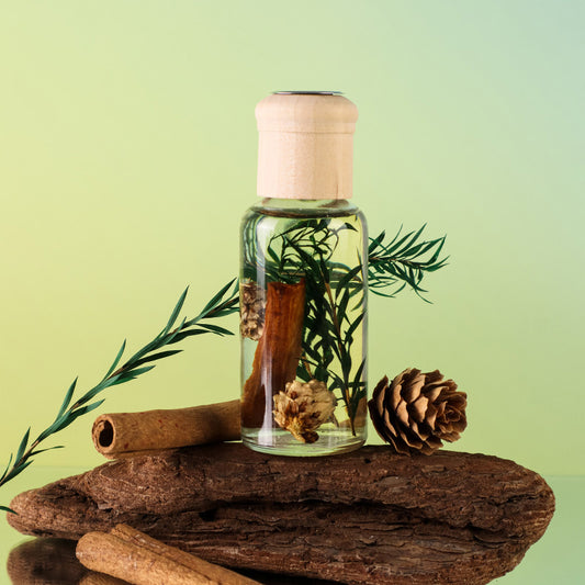 Glass bottle with natural elements on a wooden surface against a green background