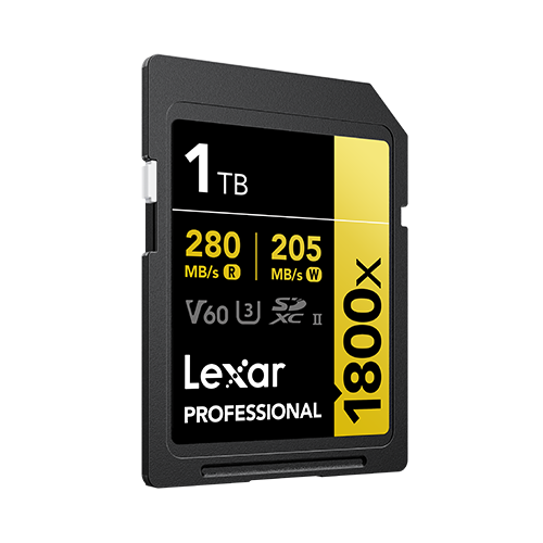 LEXAR PROFESSIONAL 1800X SDXC™ UHS-II CARD GOLD SERIES 1TB
(up to 280MB/s read, up to 205MB/s write)
