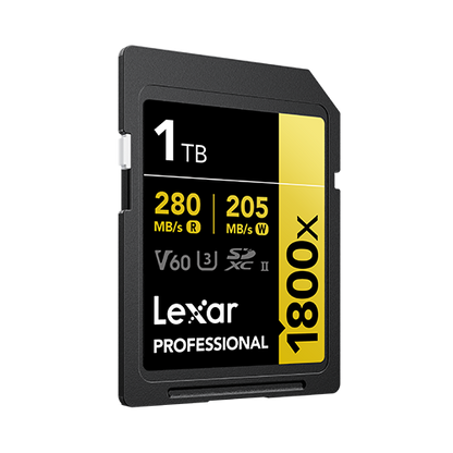 LEXAR PROFESSIONAL 1800X SDXC™ UHS-II CARD GOLD SERIES 1TB
(up to 280MB/s read, up to 205MB/s write)
