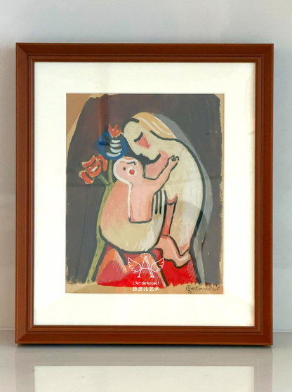 Framed artwork of a mother and child with a blue flower on a plain wall.