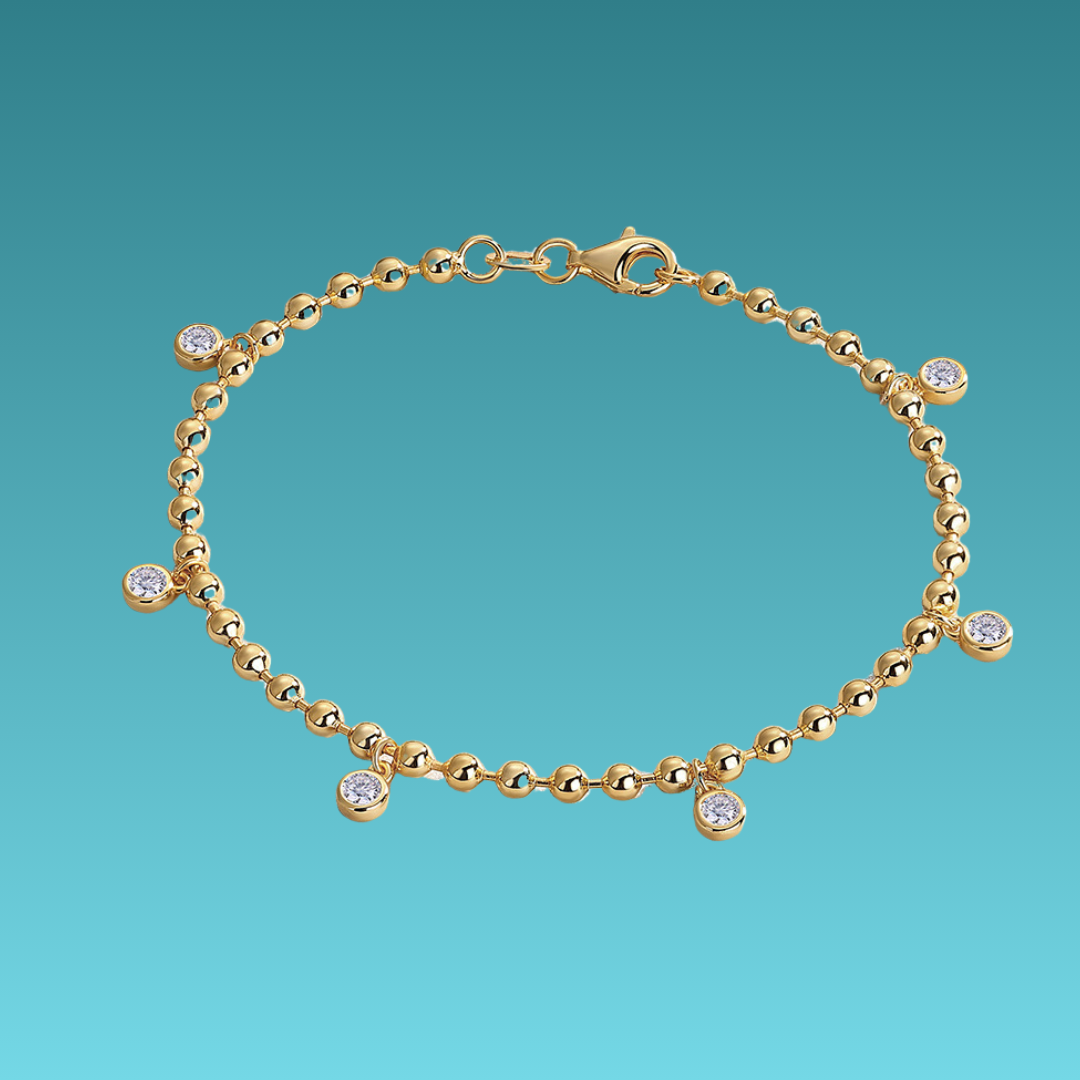 金色圓珠925銀鑽石手鏈 Golden Bead 925 Silver diamond Bracelet-1015 Aquafilo