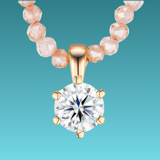 Gold necklace with a large diamond pendant on a teal background
