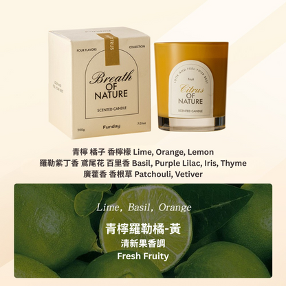 Scented candle and packaging with 'Breath of Nature' branding on a beige background.