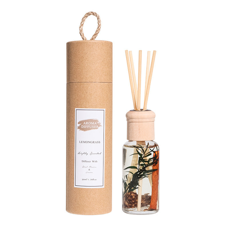 Aroma Diffuser Lemongrass diffuser with bottle and cardboard tube packaging on a white background