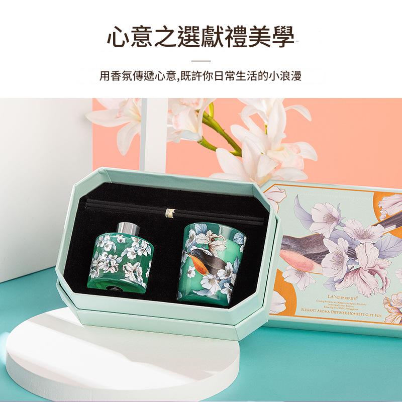 Two floral-patterned bottles in a decorative box with Chinese text above.