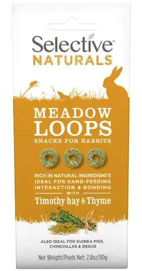 Package of Selective Naturals Meadow Loops snacks for rabbits with an orange and white design.