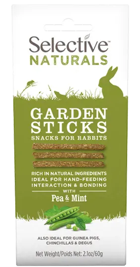 Selective Naturals Garden Sticks for rabbits packaging with green background and rabbit illustration.