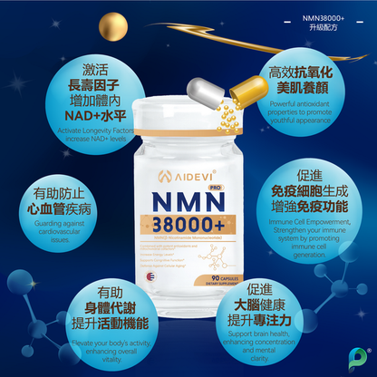 美國製造 假1賠10 AIDEVI - NMN38000+ 抗衰全逆齡 升級配方強效版 90粒 99.9%高純度 NMN38000+ Anti-aging Full-reversal Upgraded Formula Strong Version 90 Tablets 99.9% High Purity