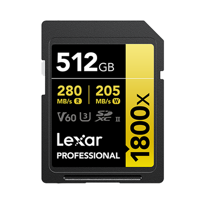 LEXAR PROFESSIONAL 1800X SDXC™ UHS-II CARD GOLD SERIES 512 GB 
(up to 280MB/s read, up to 205MB/s write)
