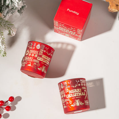 Red 'Merry Christmas' cups with a 'Funday' box on a light background