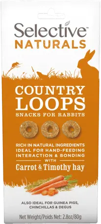 Box of Selective Naturals Country Loops snacks for rabbits with carrot and Timothy hay illustration.
