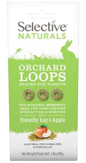 Selective Naturals Orchard Loops snacks for rabbits packaging with green and white design.