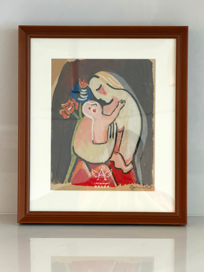 Framed artwork of a mother and child with flowers on a plain background