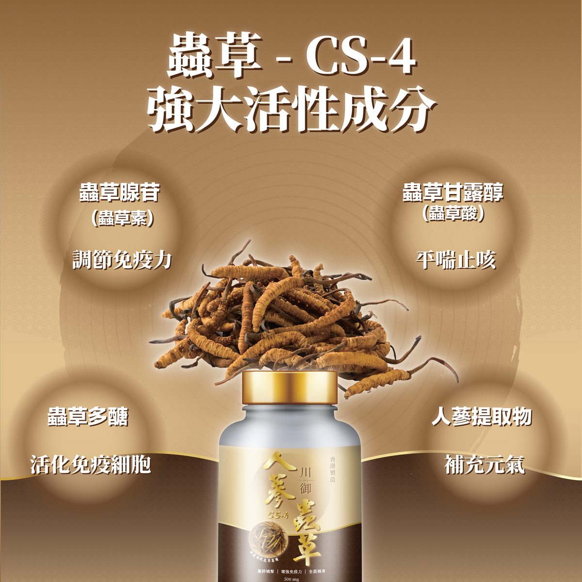 Bottle of traditional Chinese medicine with ingredients and text on a brown background