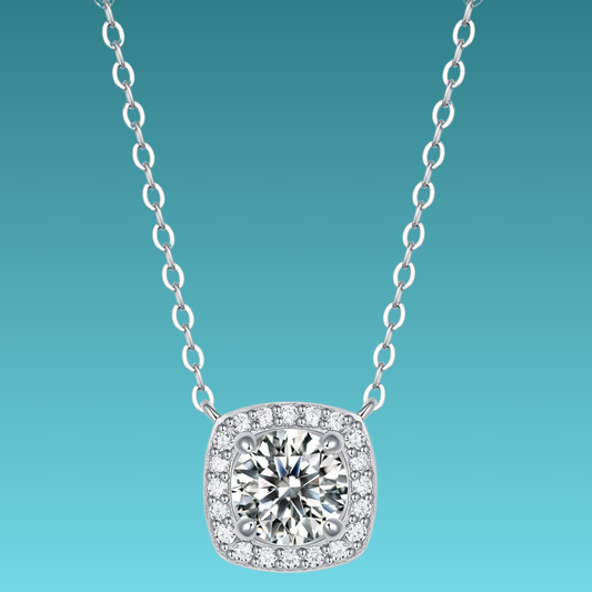 Diamond necklace on a teal background