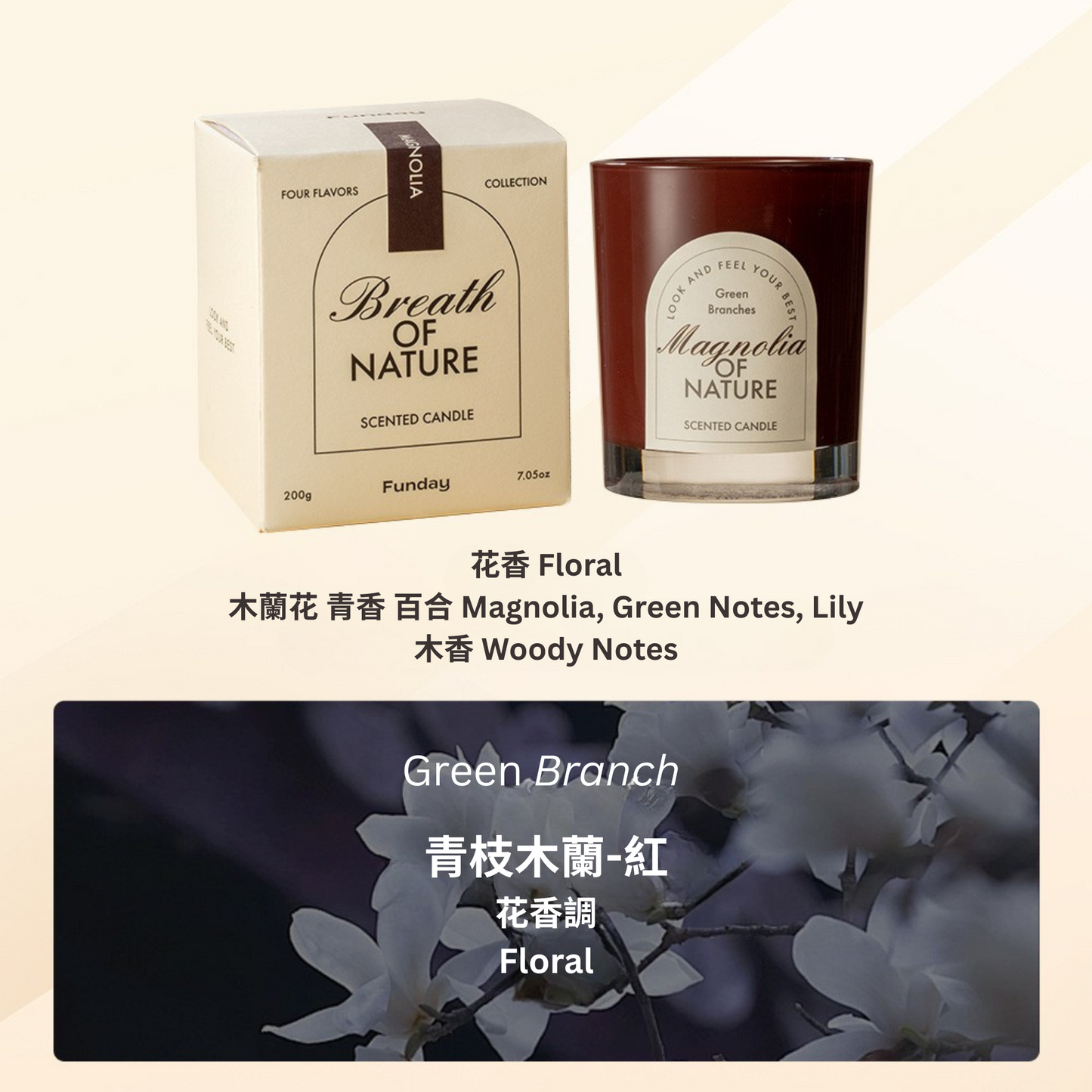 Scented candle and packaging with floral design on a beige background