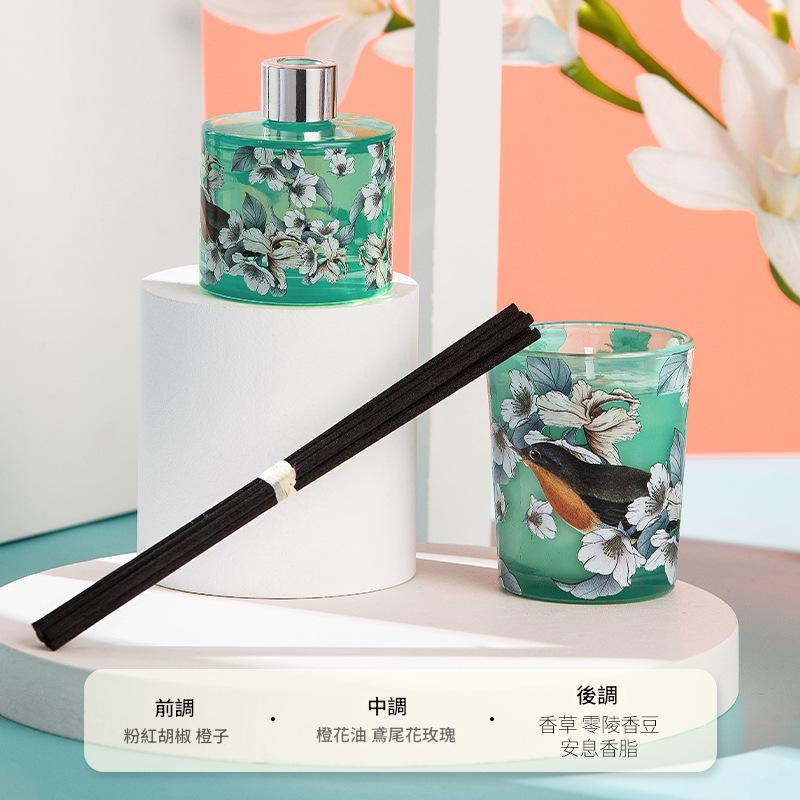 Two floral-patterned candles on a white stand with a colorful background