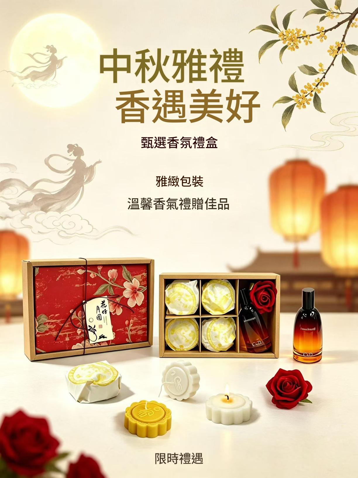 Moonlit Gift Mid‑Autumn Fragrance Gift Set | Mooncake‑Shaped Scented Candles ×4 + Room Spray | Silk Road · Velvet Rose & Oud, Moon Festival Gift 花月佳禮中秋香氛禮盒｜月餅造型香薰蠟燭 4 入 + 香氛噴霧｜絲路・絲絨玫瑰烏木 中秋送禮雅禮-Aquafilo