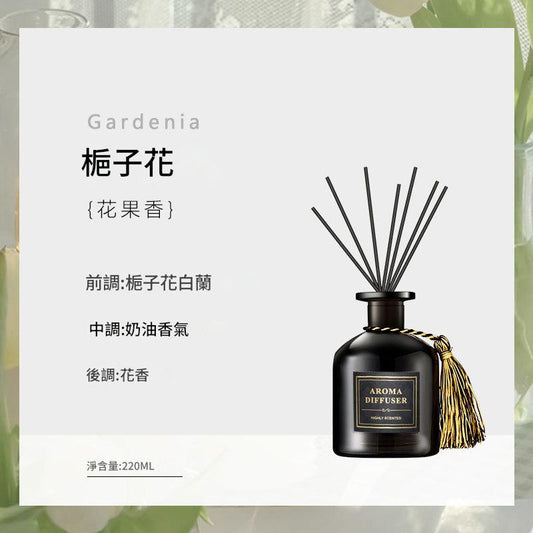 Aroma diffuser with tassel on a white background, featuring text about gardenia fragrance.