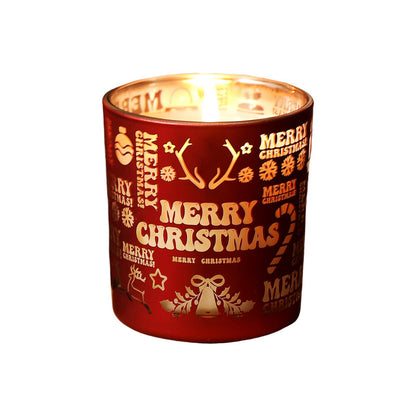 Red candle holder with 'Merry Christmas' text and designs on a white background
