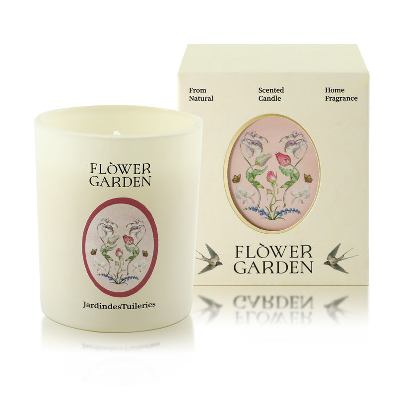 Flower Garden scented candle and packaging on a white background