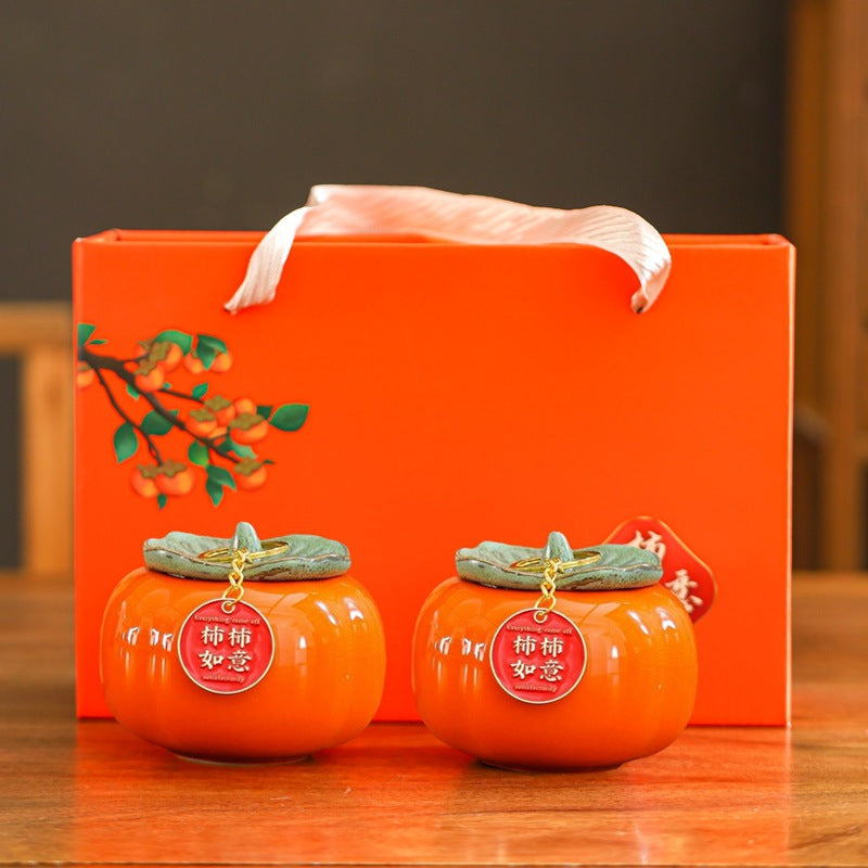 柿柿如意柿子罐 茶葉罐 擺件陶瓷罐子 伴手禮 手信 新年禮物 Persimmon-shaped Tea Canister Ceramic Jar Decoration Souvenir, Gift, New Year Present