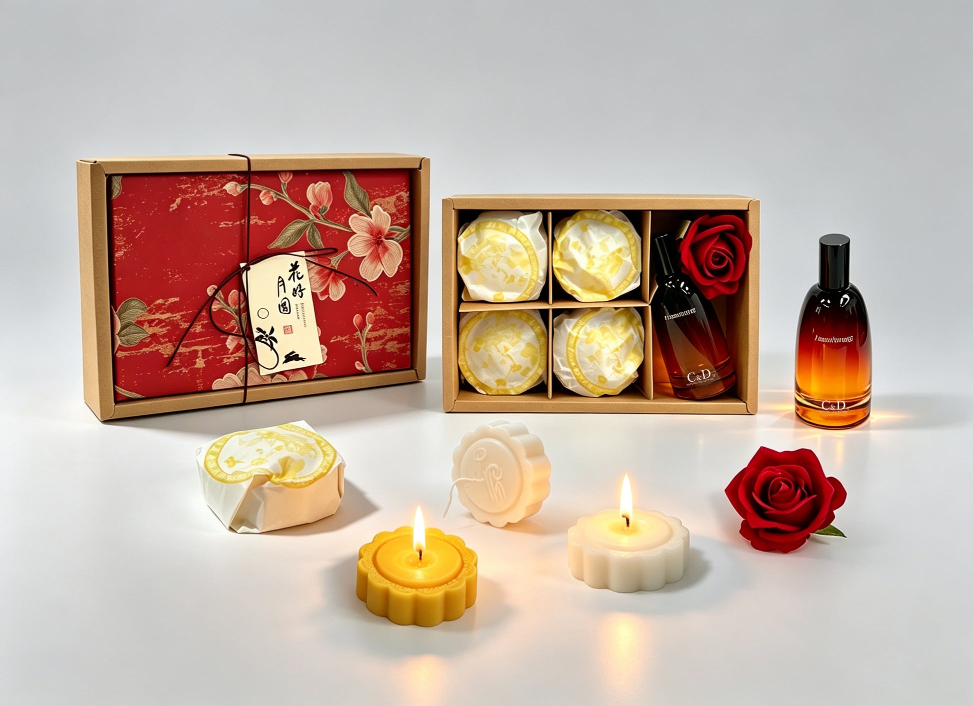 Moonlit Gift Mid‑Autumn Fragrance Gift Set | Mooncake‑Shaped Scented Candles ×4 + Room Spray | Silk Road · Velvet Rose & Oud, Moon Festival Gift 花月佳禮中秋香氛禮盒｜月餅造型香薰蠟燭 4 入 + 香氛噴霧｜絲路・絲絨玫瑰烏木 中秋送禮雅禮-Aquafilo