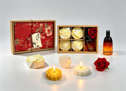 Moonlit Gift Mid‑Autumn Fragrance Gift Set | Mooncake‑Shaped Scented Candles ×4 + Room Spray | Silk Road · Velvet Rose & Oud, Moon Festival Gift 花月佳禮中秋香氛禮盒｜月餅造型香薰蠟燭 4 入 + 香氛噴霧｜絲路・絲絨玫瑰烏木 中秋送禮雅禮-Aquafilo