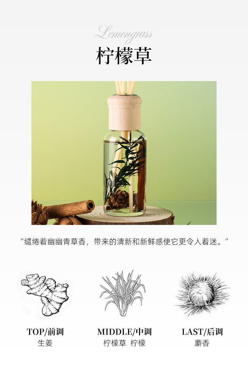 Lemon grass essential oil bottle with botanical illustrations on a green background