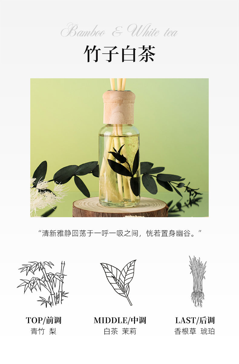 Bamboo and white tea product with glass bottle and leaves on a light green background