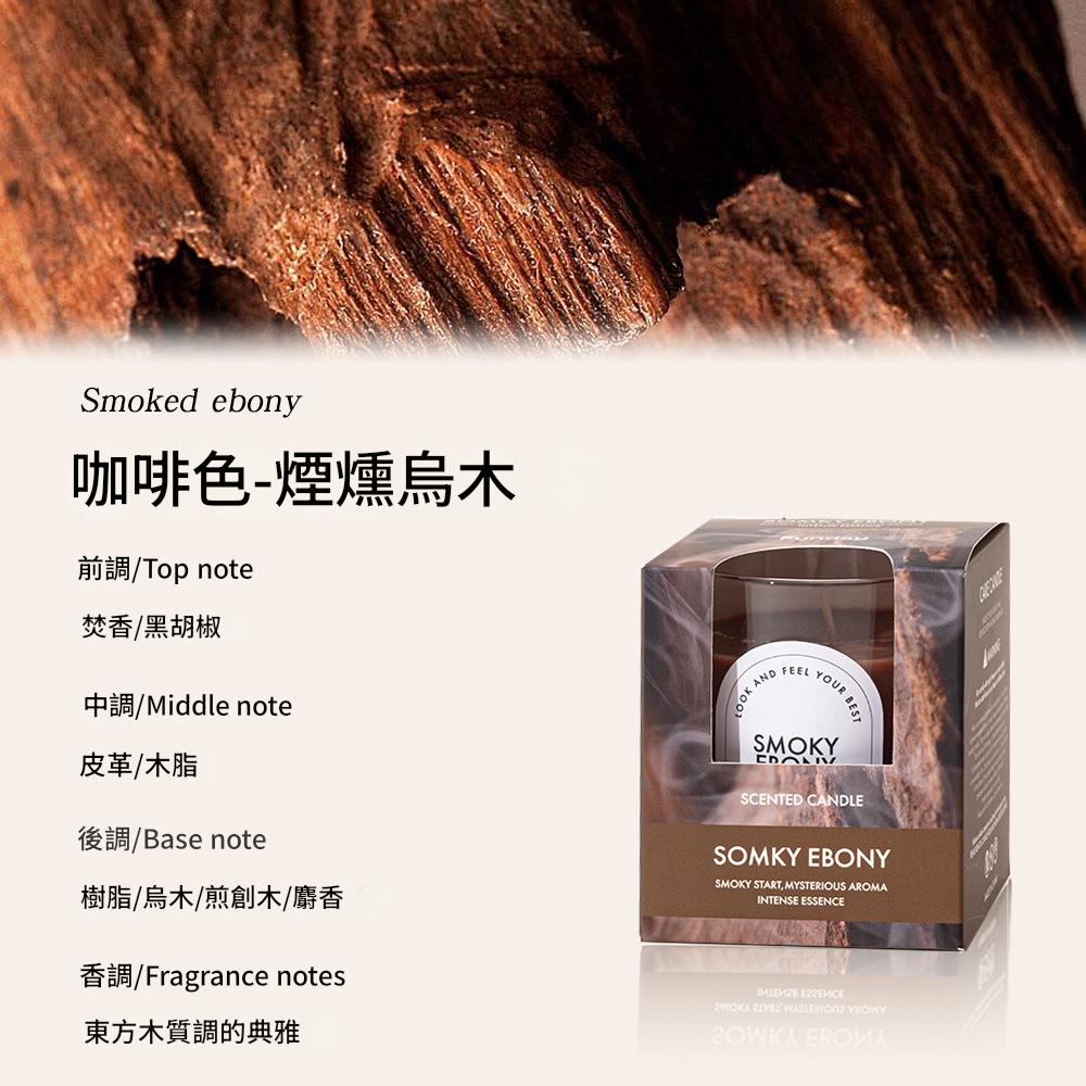 Smoked ebony scented candle packaging with fragrance notes text on a wooden background
