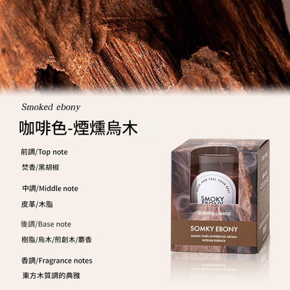 Smoked ebony scented candle packaging with fragrance notes text on a wooden background