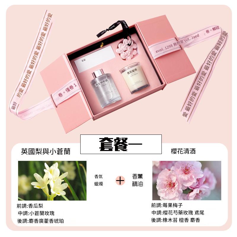 Pink gift set with two products and floral images on a pink background