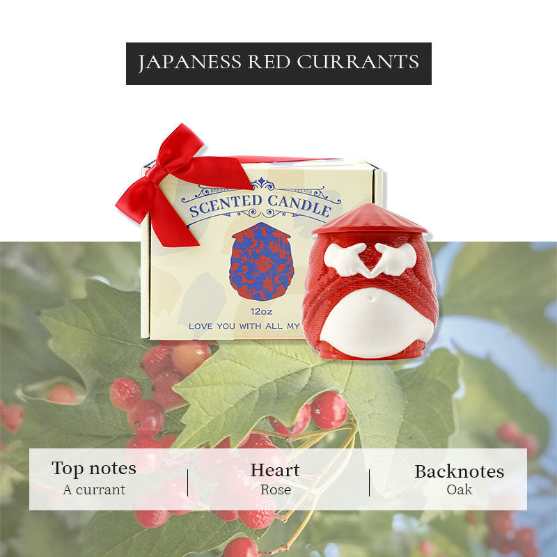 Scented candle with red and white design and packaging on a background with green leaves and red berries.