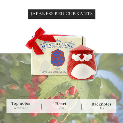 Scented candle with red and white design and packaging on a background with green leaves and red berries.