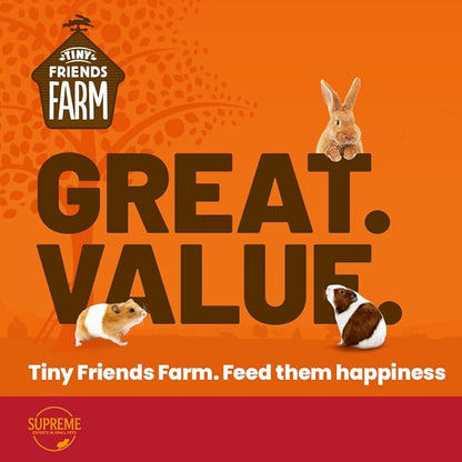 Advertisement for Tiny Friends Farm with text 'Great Value' and images of a rabbit, hamster, and guinea pig on an orange background.