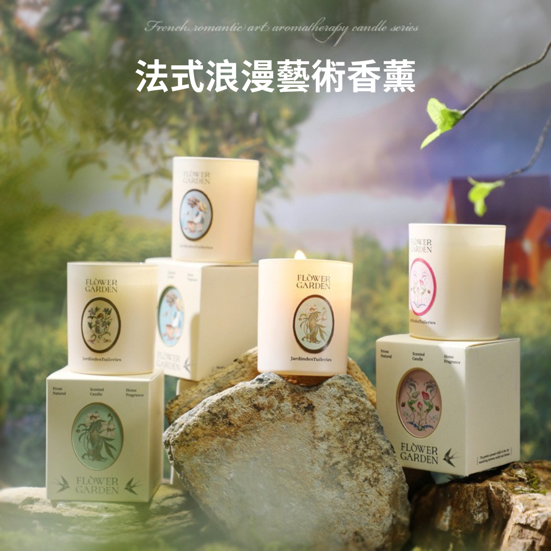 Candles and boxes with 'Flower Garden' branding on a natural background