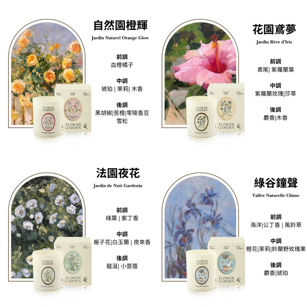 Collection of candles with floral designs and names in a decorative layout.