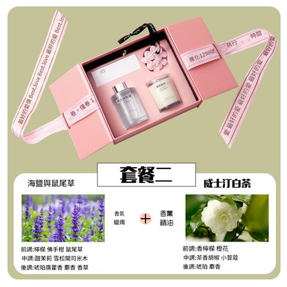 Pink gift set with a bottle and a candle, surrounded by floral images and text on a green background.