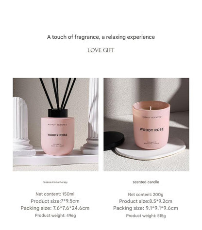 Two scented candles labeled 'Woody Rose' on a white background with product details.