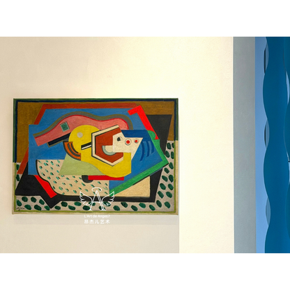 Abstract artwork with geometric shapes on a beige background