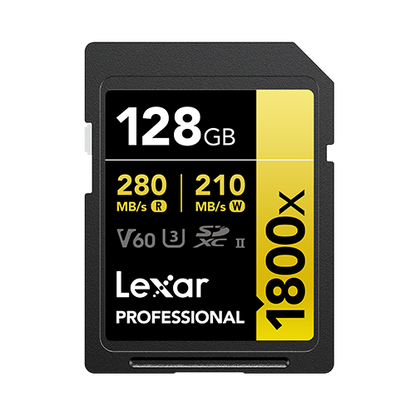 LEXAR PROFESSIONAL 1800X SDXC™ UHS-II CARD GOLD SERIES 128GB 
(up to 280MB/s read, up to 210MB/s write)