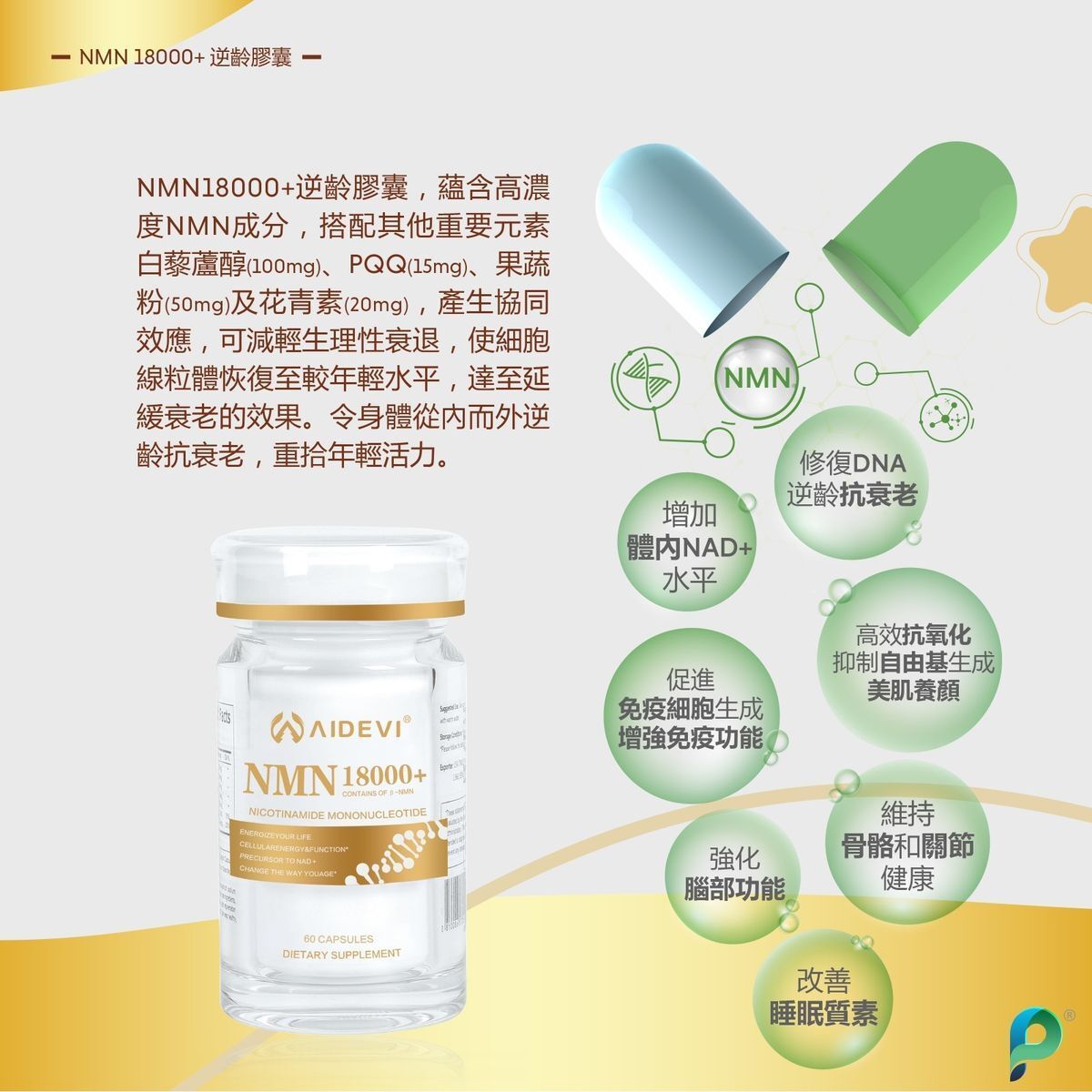 NMN 18000+ - NMN Nicotinamide Mononucleotide Supplement with Resveratrol 美國製造 AIDEVI NMN 18000 Plus + PQQ 逆齡補充劑-升級版 (60pcs)【香港行貨】