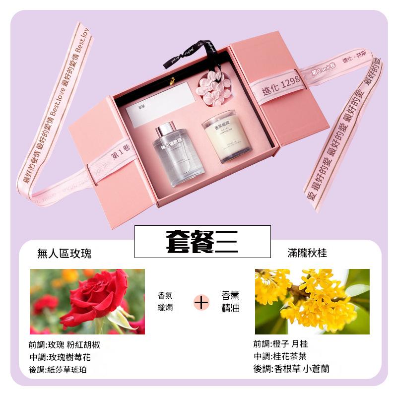 Pink gift set with a perfume bottle and candle on a purple background, featuring floral images and text.